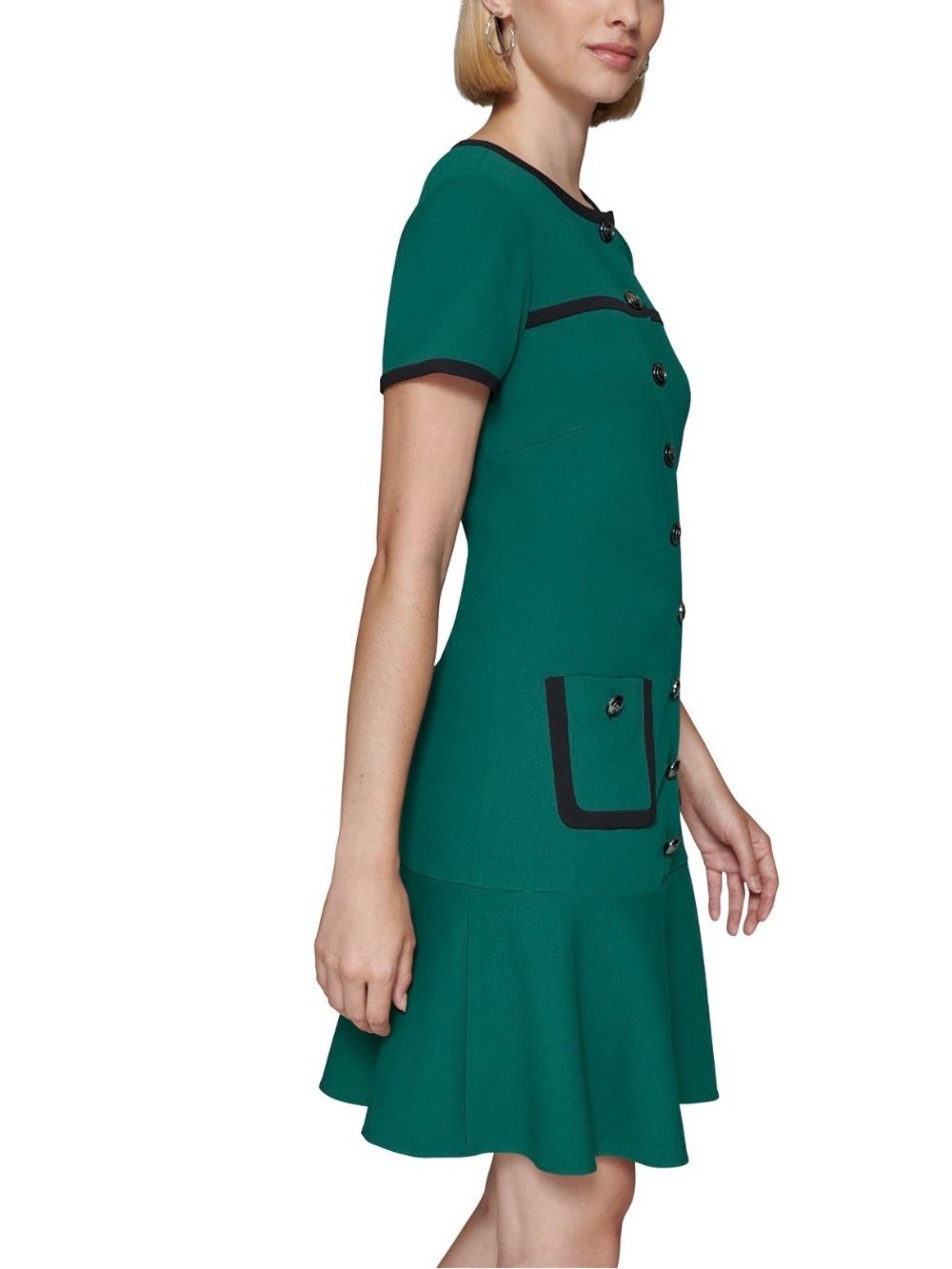 Karl Lagerfeld Emerald Green Short-Sleeve Ponte Dress with Black Trim - Picture 2 of 6